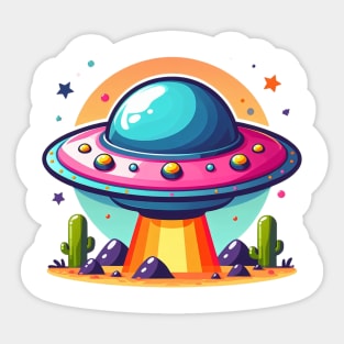 Colorful UFO Flying Saucer Over Desert Sticker